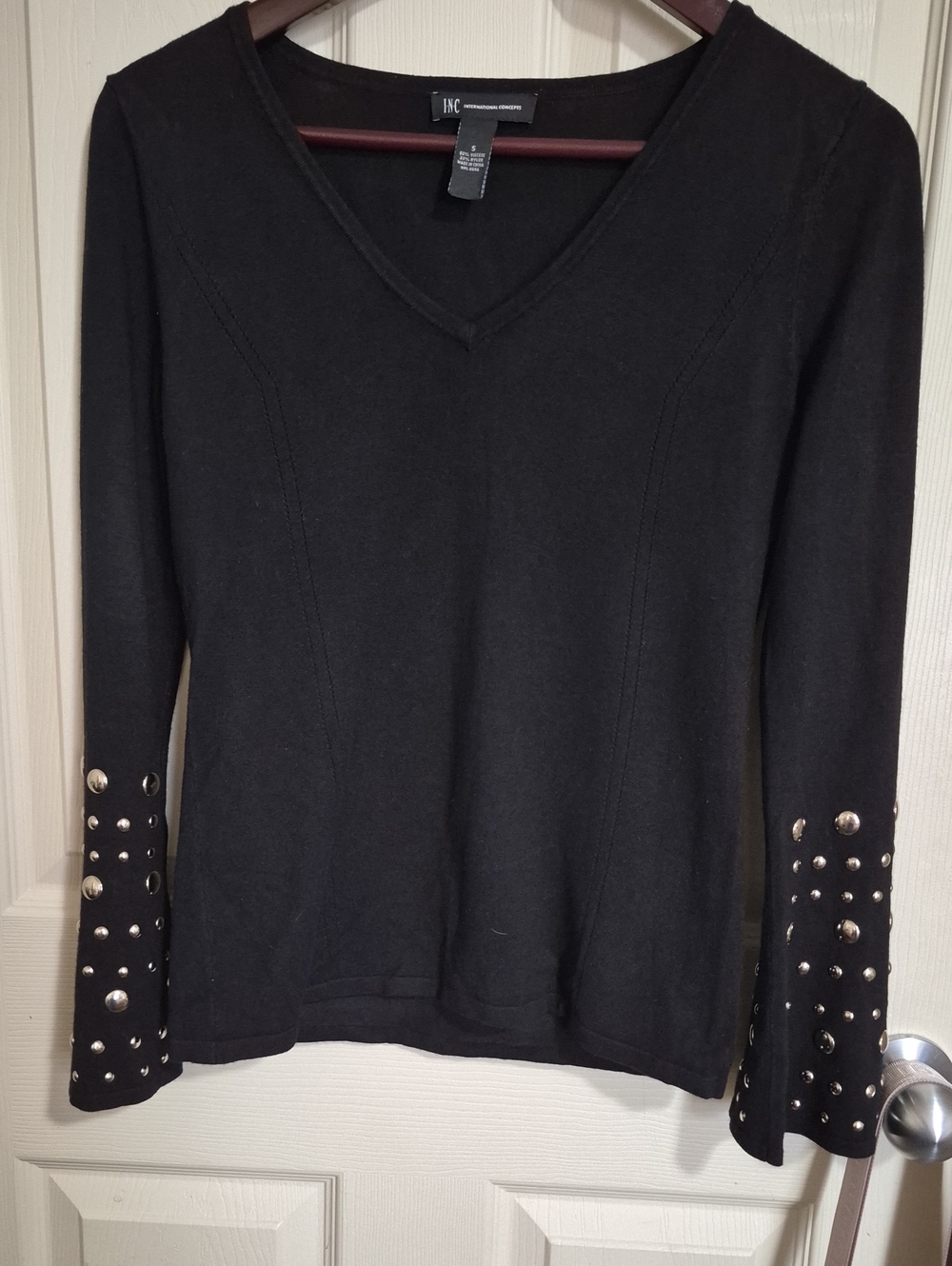 Size Sm INC International Concepts Black V-Neck Top with Grommet Bell Sleeves
